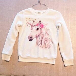 Speechless Kids Girls Size S, white fleece top w/Unicorn pink rose & sequence